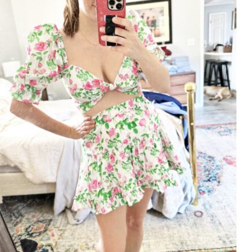 Hill House Pink and Green Floral Set Paz Skirt Isabella Puff Sleeve Top